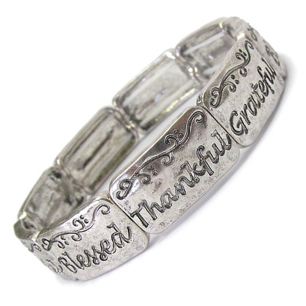 1/2" Wide Thankful Grateful Blessed Silver Inspirational Stretch Bracelet